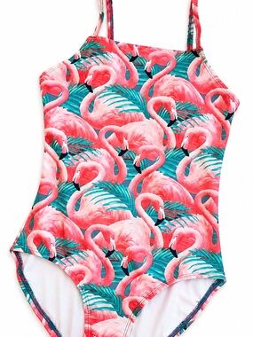 Old Navy Bright Coral Pink & Green Flamingo 🦩 Girls Swimsuit Size 10-12 Large L
